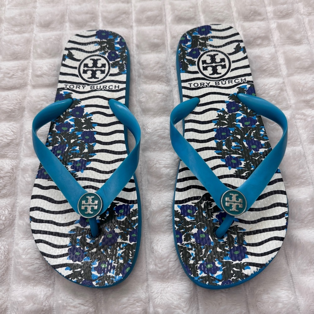 Tory Burch Large Blue Floral Zebra Print Thong Flip Flops
